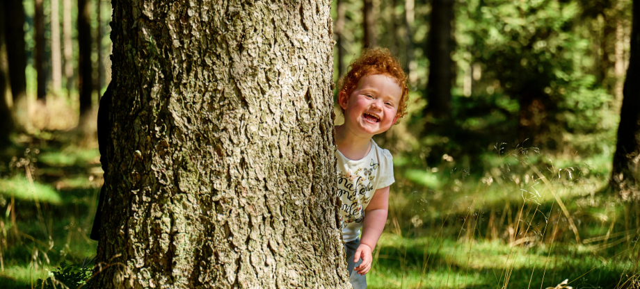 Ein Kind schaut lachend hinter einem Baum hervor, im Hintergrund Wald.